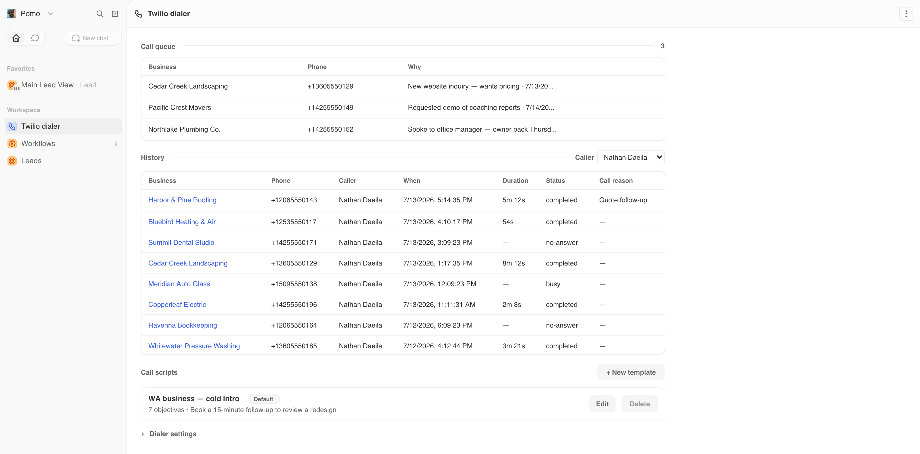 The Pomo dialer — call queue and history — inside the CRM, light theme