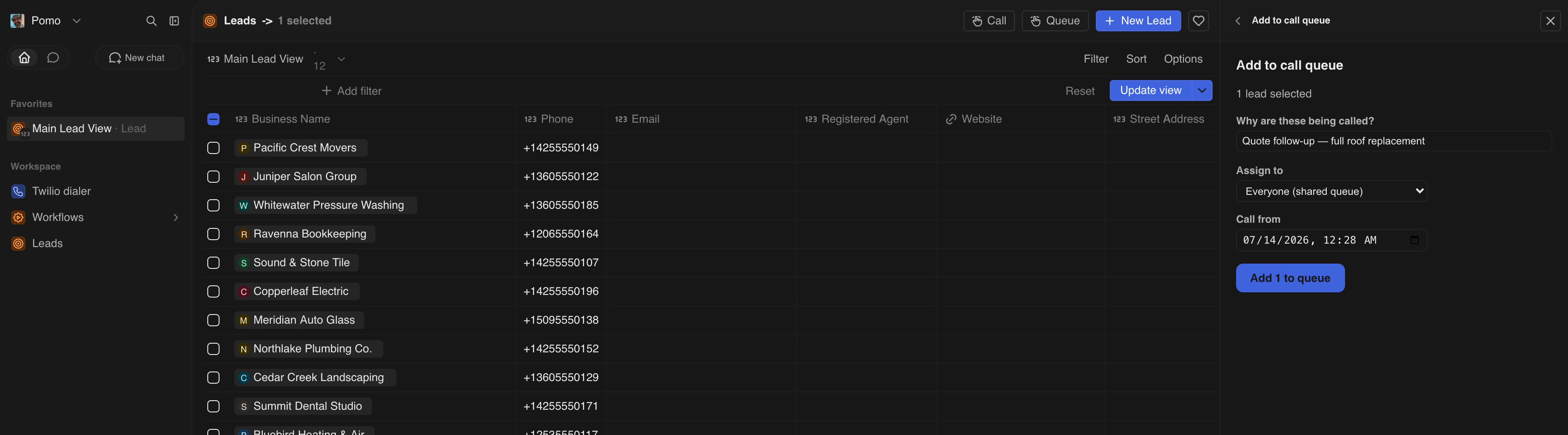Pomo's bulk queue panel adding new inquiries with a shared reason and assigned rep