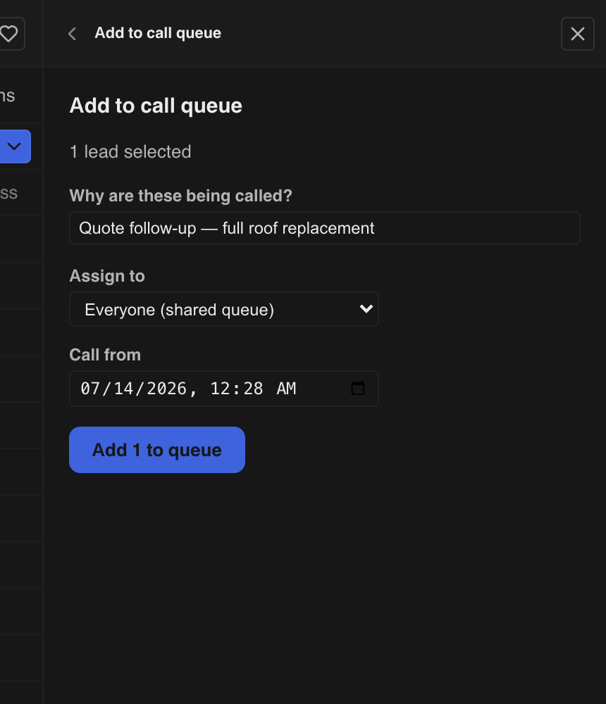 Pomo's bulk queue panel adding new leads with a reason and assigned agent