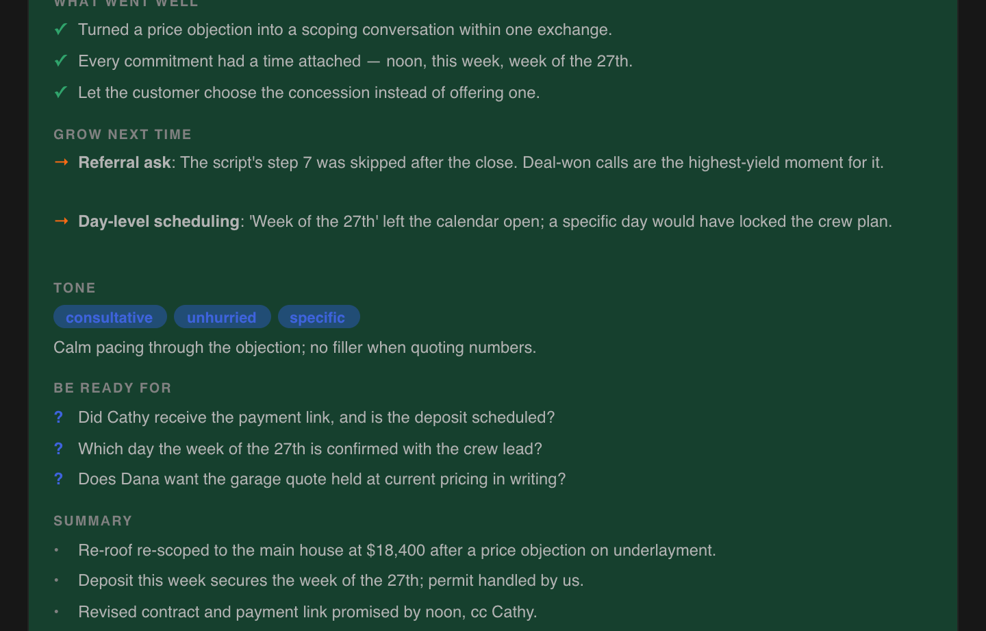 Scorecard coaching sections: what went well, growth areas, and follow-up questions